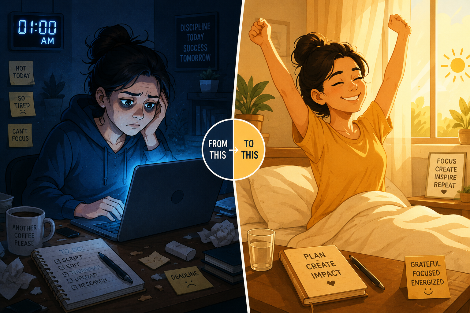 From exhausted late nights at the laptop to energized, refreshed mornings
